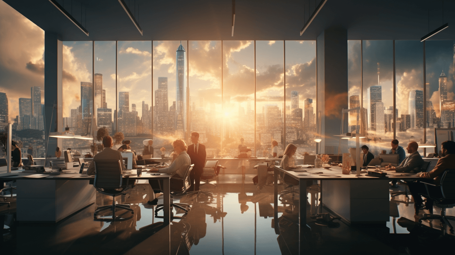 Interior of an office with people collaborating with sunset in the city visible  from the windows