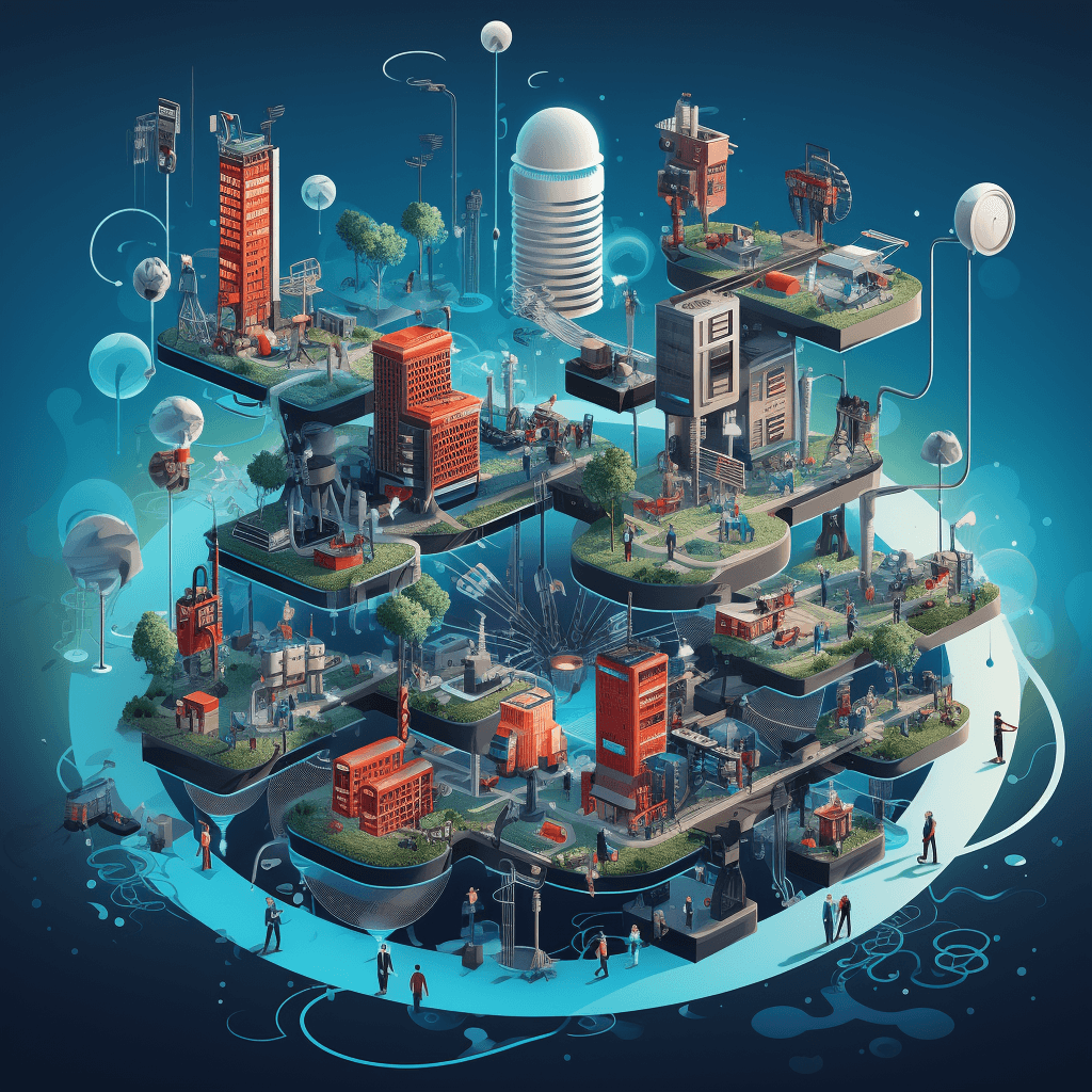 Futuristic diagram of connected systems and companies representing progress