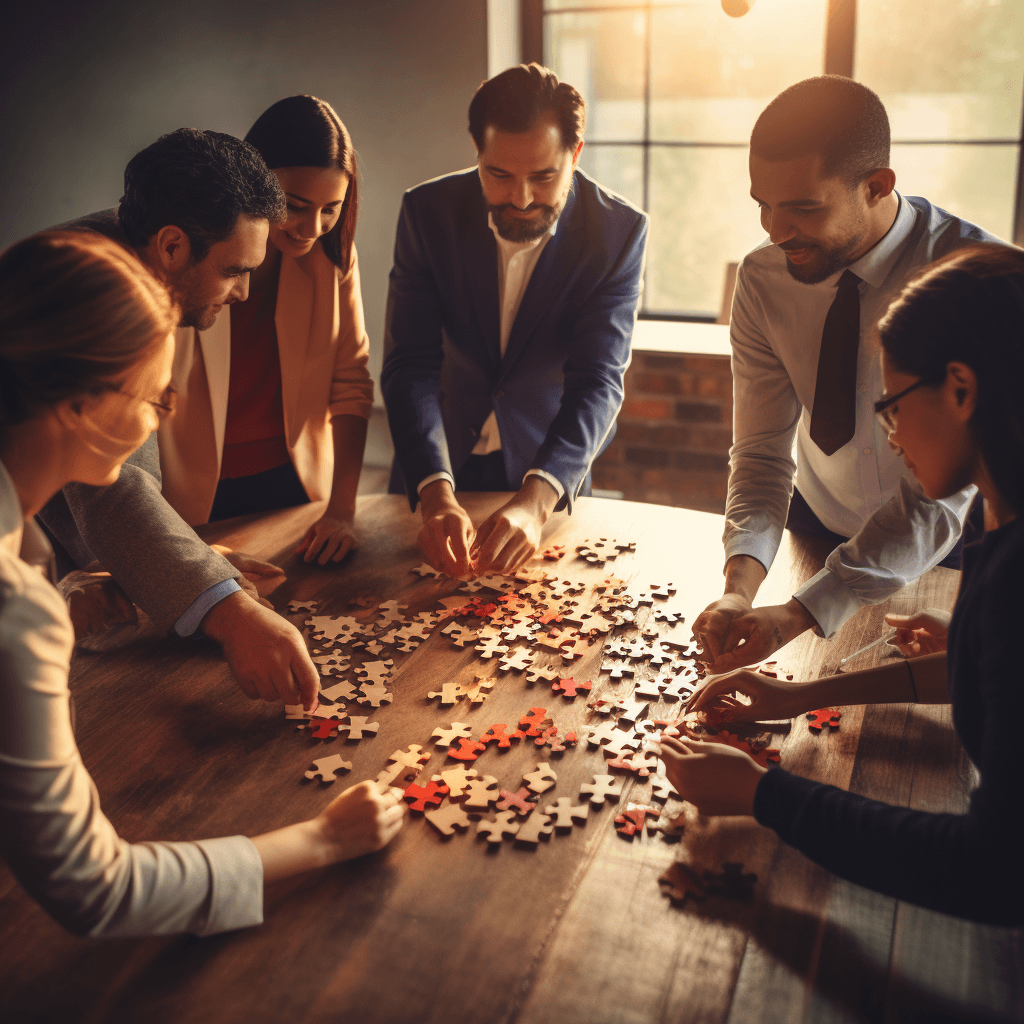 A small team collaborating on a puzzle, representing teamwork and high quality standards